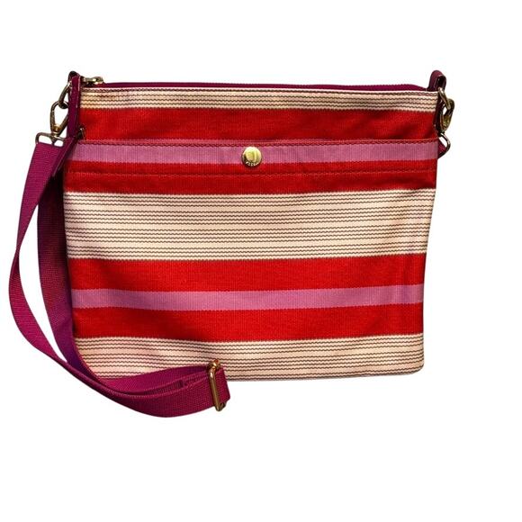 Fossil Handbags - Fossil Key-Per Striped Canvas Crossbody Bag Pink Red Horizon Stripe Gold Snap